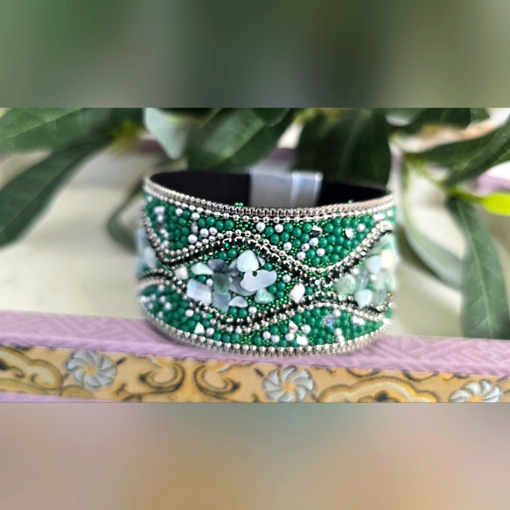 Green Beaded Cuff Bracelet with Magnetic Clasp